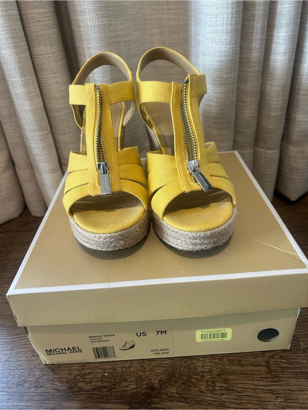 Michael Kors Yellow Canvas Espadrille Wedge Sandals with Front Zipper